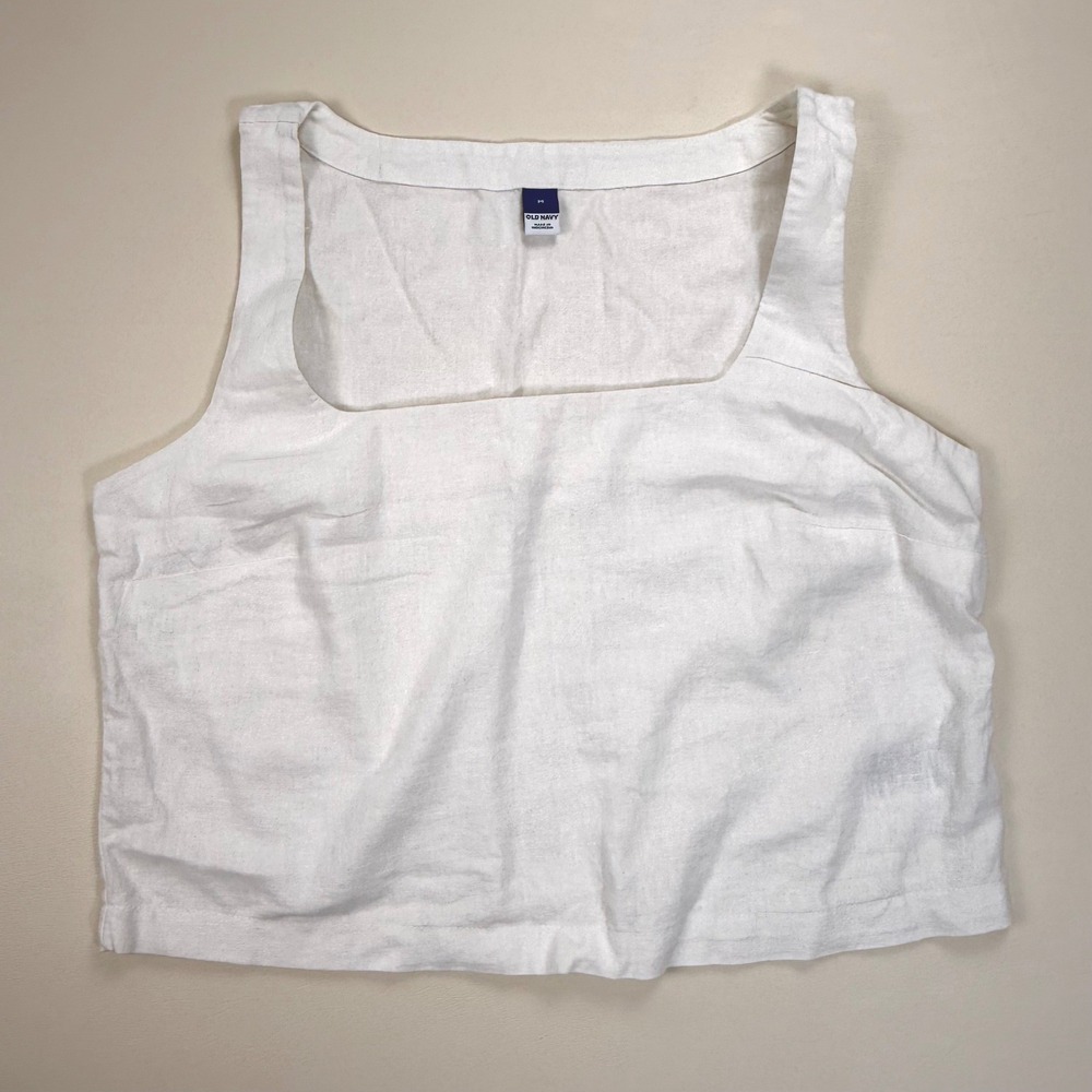 Old Navy White Linen Blend Square Neck Crop Tank Top Medium Coastal Minimalist